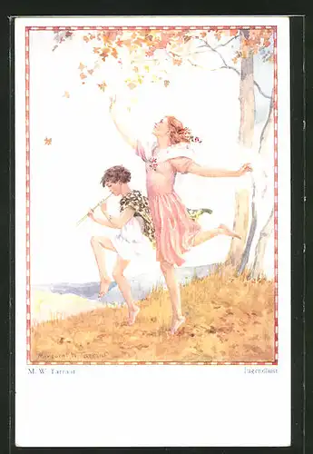 Künstler-AK sign. M. W. Tarrant: Jugendlust, Knabe mit Flöte und tanzendes Mädchen
