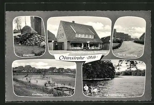 AK Obenstrohe / Oldb., Ehrenmal, Gemischtwaren Hassmann, Kinderspielplatz