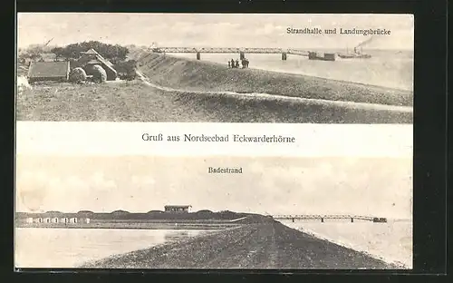 AK Eckwarderhörne, Blick auf Strandhalle, Landungsbrücke und Badestrand