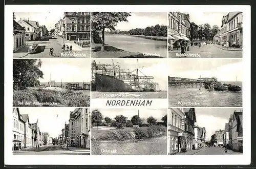 AK Nordenham, Blick auf Midgard-Pier, Weserpartie, Anlegebrücke und Bahnhofstrasse