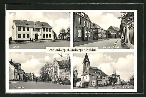 AK Dahlenburg, Schule, Heltmanns Hotel, Ortspartie, Kirche