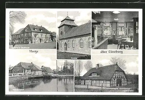 AK Neetze, Schoop's Gasthaus, Gastzimmer, Mühlenteich, Jugendheim