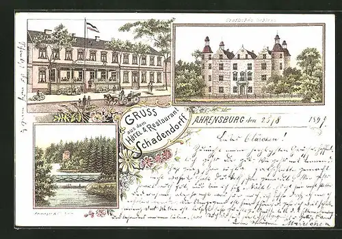 Lithographie Ahrensburg, Hotel & Restaurant Schadendorff, Gräfliches Schloss