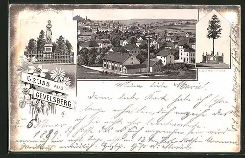 Lithographie Gevelsberg, Kriegerdenkmal, Kaiser Friedrich Eiche, Ortsansicht