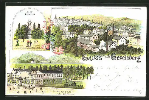 Lithographie Gevelsberg, Gasthof zur Haufe, Kaiser Denkmal