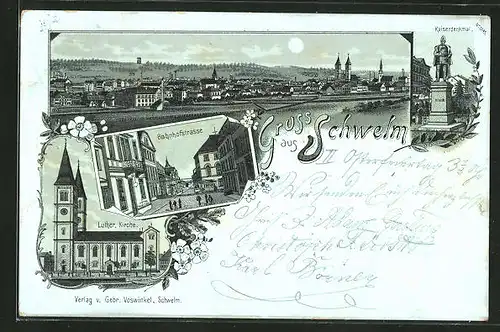 Mondschein-Lithographie Schwelm, Blick in die Bahnhofstrasse, Luther. Kirche