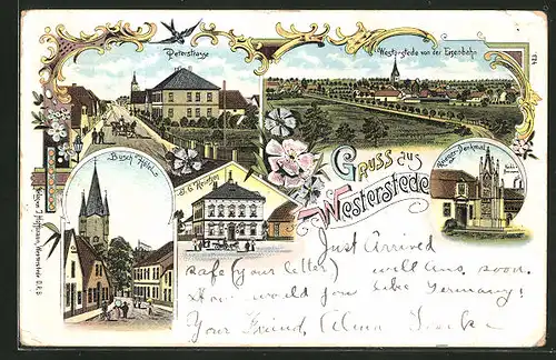 Lithographie Westerstede, Busch Hotel, Peterstrasse, Krieger Denkmal