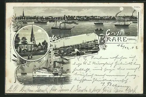 Mondschein-Lithographie Brake, Lloyddampfer "Najade", Kirche, Hafen, Dampfer auf der Weser
