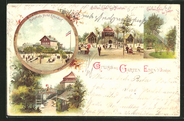 Lithographie Itzehoe Bahnhofs Hotel Edendorf Gasthaus Garten