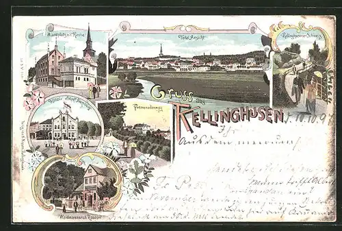Lithographie Kellinghusen, Hotel Stadt Hamburg, Gasthaus Waidmannsruh Rosdorf