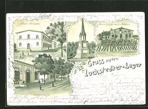 Lithographie Lockstedter Lager, Offiziers Baracken, Offiziers Casino, Beschossenes Haus v. Ridders