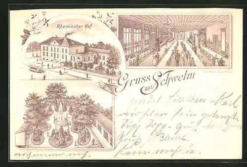 Lithographie Schwelm, Hotel Rheinischer Hof, Innenansicht