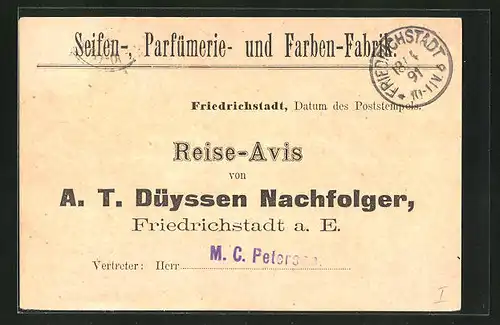 AK Friedrichstadt, Seifen- Parfümerie- & Farben-Fabrik, Reise-Avis von A. T. Düyssen Nachfolger
