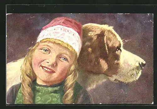 Künstler-AK Johan Georg Gerstenhauer: Mädchen mit Mütze lehnt an ihren Hund