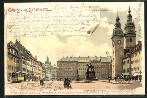 Künstler-AK Erwin Spindler: Chemnitz, Hotel Roemischer Kaiser, Markt, Kaiser Wilhelm-Denkmal, altes Rathaus