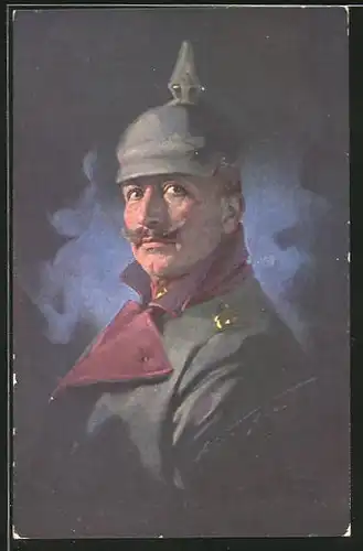 Künstler-AK Ludwig Knoefel: Kaiser Wilhelm II. in Feldgrau mit Pickelhaube