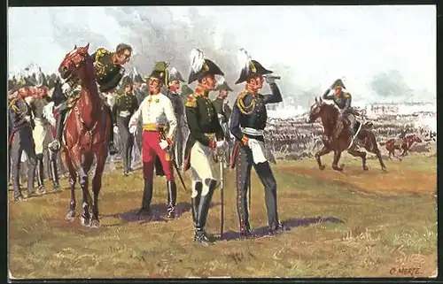 Künstler-AK O. Merte: Die drei Fürsten auf dem Monarchenhügel am 16. Oktober 1813