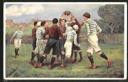 Künstler-AK Szene aus einem Rugby-Spiel