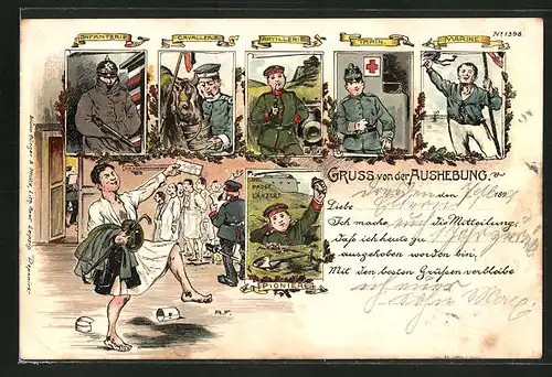 Lithographie Infanterie, Cavallerie, Artillerie, Train, Marine, Gruss von der Aushebung