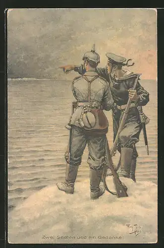 Künstler-AK Arthur Thiele: "Zwei Seelen und ein Gedanke!", zwei Soldaten mit Gewehren am Ufer