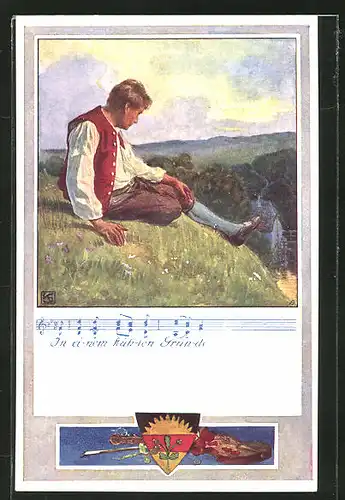 Künstler-AK Karl Friedrich Gsur: Deutscher Schulverein Nr.371: Mann sitzt auf einem Hügel und blickt ins Tal