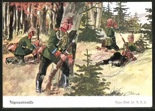 Künstler-AK Döbrich-Steglitz: Jägerpatrouille im Wald, Jäger Batl. 10. X.