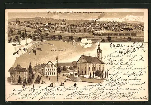 Lithographie Wohlen, Sternenplatz mit Hotel Sternen und Kirche, Panorama