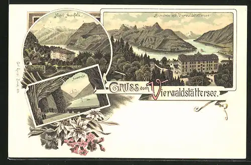 Lithographie Morschach, Hotel Axenfels, Axenstrasse mit Blick auf den Vierwaldstättersee