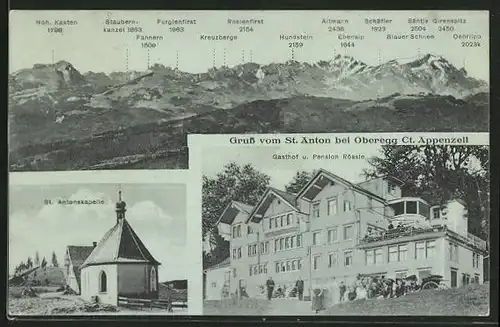 AK Oberegg, Gasthof-Pension Rössle & St. Antonskapelle am St. Anton, Gebirgspanorama