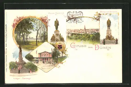 Lithographie Düren, Krieger-Denkmal, Bahnhof, Bismarck-Denkmal, Kaiser-Denkmal, Stadtpark