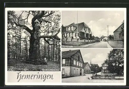 AK Hemeringen, Grossmuttereiche, Dorfstrasse & Kriegerdenkmal