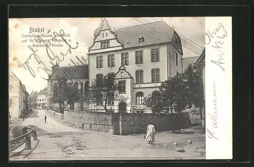 AK Brakel, Ostheimer Strasse mit St. Vincenz-Hospital und Kapuziner Kirche