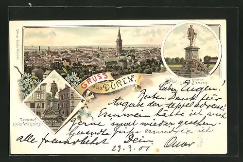 Lithographie Düren, Ortsansicht mit Kirche, Denkmal Kaiser Wilhelm I. und Denkmal Fürst Bismarck