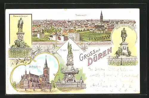Lithographie Düren, Ortsansicht mit Kirche, Blick auf Bismarck Denkmal, Kaiser Wilhelm Denkmal u. St. Anna Kirche