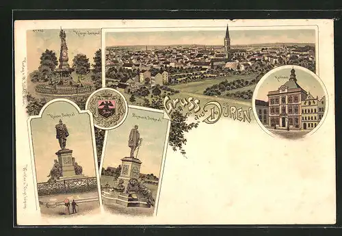 Lithographie Düren, Ortsansicht mit Kirche aus der Vogelschau, Kriegerdenkmal, Bismarck Denkmal und Rathaus