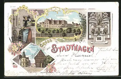 Lithographie Stadthagen, Obernstrasse, Mausoleum, Schloss m. Kirche, Frau in Tracht am Spinnrad