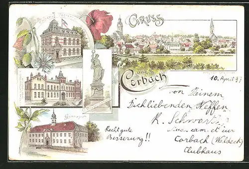 Lithographie Corbach, Kaiserl. Postamt, Krieger-Denkmal, Gymnasium, Wittgenstein'sche Altersversorgungs-Anstalt