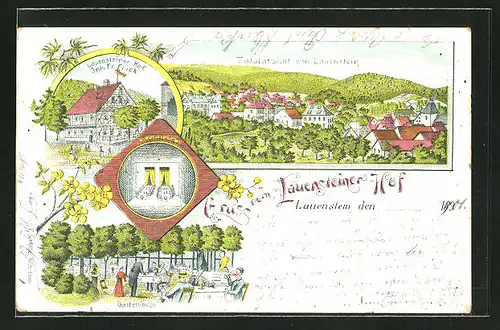 Lithographie Lauenstein, Gasthaus Lauensteiner Hof mit Gartenlokal, Fernsicht
