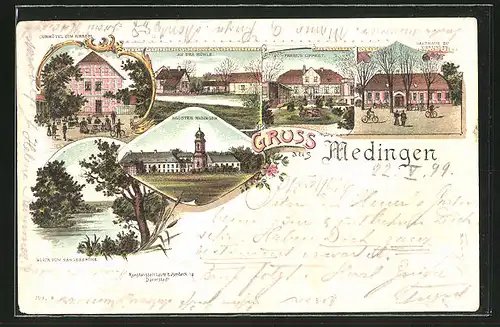 Lithographie Medingen, Gasthaus zu Vierlinden, Kurhotel zum Riebsel