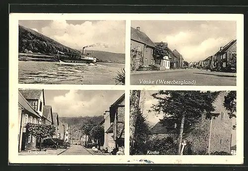 AK Vaake / Weserbergland, Ortsansicht mit Strassenpartie, Kirche und Dampfer auf der Weser