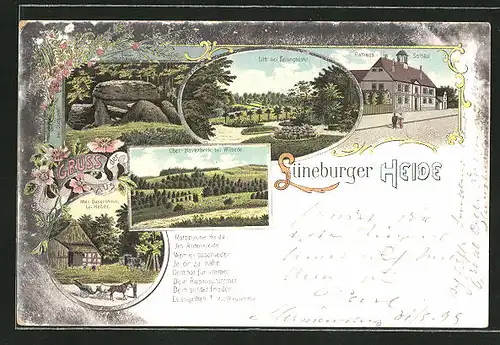 Lithographie Soltau / Lüneb. Heide, Rathaus, Lith b. Fallingbostel, Ober-Haverbeck b. Wilsede, Sieben Steinhäuser