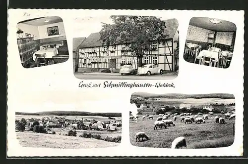 AK Schmillinghausen /Waldeck, drei Ansichten von Pension und Gasthaus Gröticke und zwei Ortsansichten