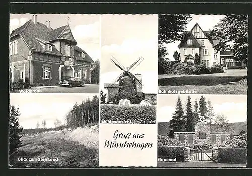 AK Münchehagen, Mühlenansicht, Blick zum Steinbruch, Waldkrone, Bahnhofsgebäude, Ehrenmal