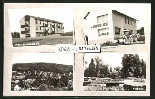 AK Bad Eilsen, Blick zum Harrl, Kurpark, Hotel Haus Sonnenschein und Hotel Haus Harrlblick