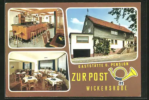 AK Wickersrode, drei Ansichten der Gaststätte und Pension "Zur Post"