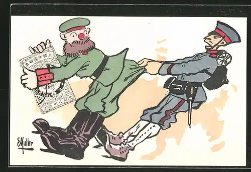 Künstler-AK Russisch-Japanischer Krieg, Japanischer Soldat zieht Russen am Hosenboden
