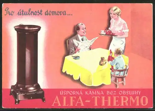 AK Reklame für Ofen "Alfa-Thermo" der Firma Alfa Separator aus Prag, Art Deco