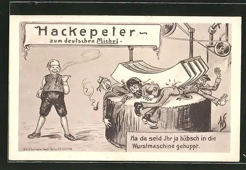 Künstler-AK Willi Scheuermann: "Hackepeter zum deutschen Michel", Russe und Franzose in der Wurstmaschine
