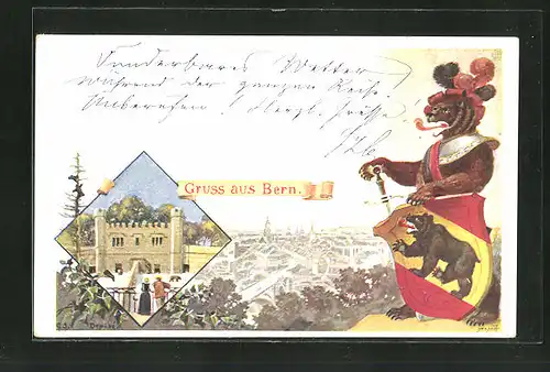 Künstler-AK Bern, Panorama und Bär in Ritterrüstung mit Wappenschild