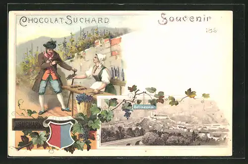 Lithographie Bellinzona, Panorama, Reklame Chocolat Suchard, Wappen Tessin